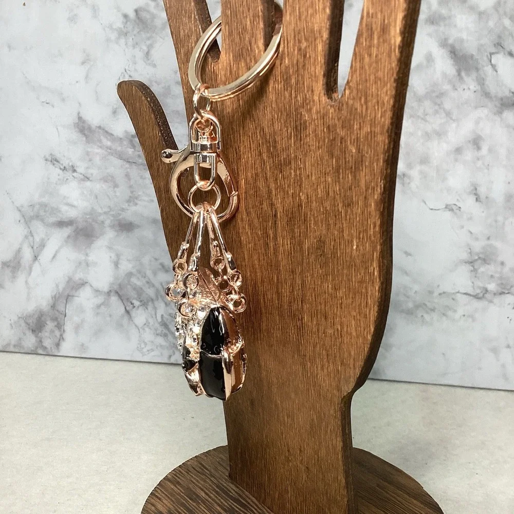 2-Way Black Floral Rhinestone Handbag Charm‎ - Key Chain Rose Gold Tone EUC